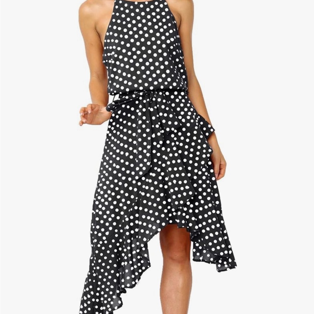 Polka-dot Tie Waist Irregular Cocktail Midi Dress Sleeveless Halter Neck